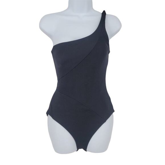 Becca Black Fine Line One Shoulder Swimsuit Sz L - Picture 2 of 5